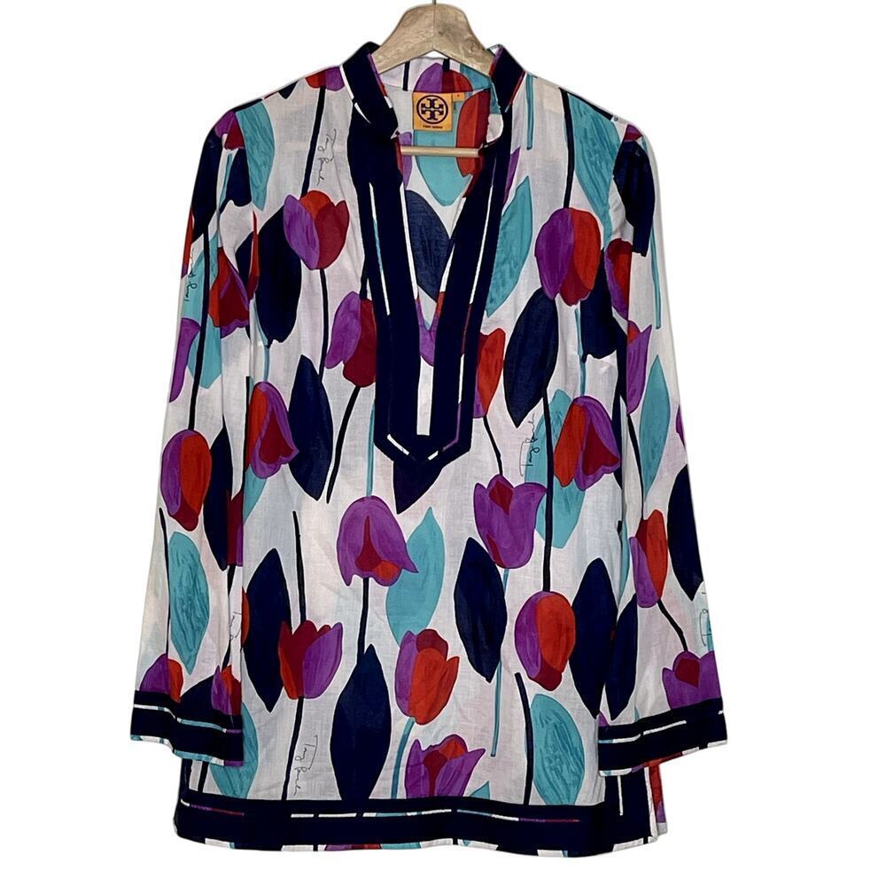 Tory Burch Womens‎ Cotton Tulip Print Tunic Top White Purple Red Floral Size XS